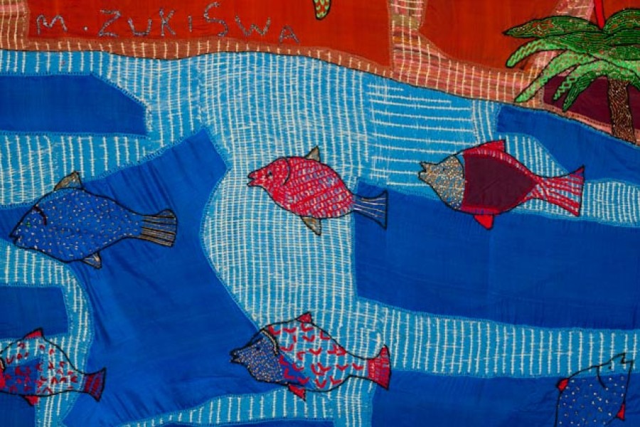 Embroidered local fish representing the Keiskamma River in a side panel of the altarpiece