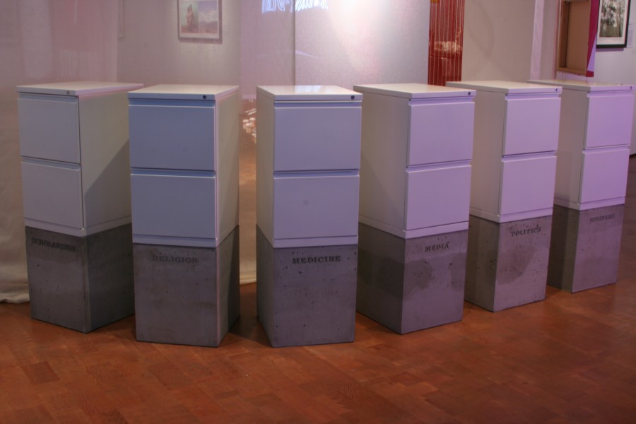 Ultra-Red’s filing-cabinet installation *Untitled (for six voices)* displayed in the exhibition