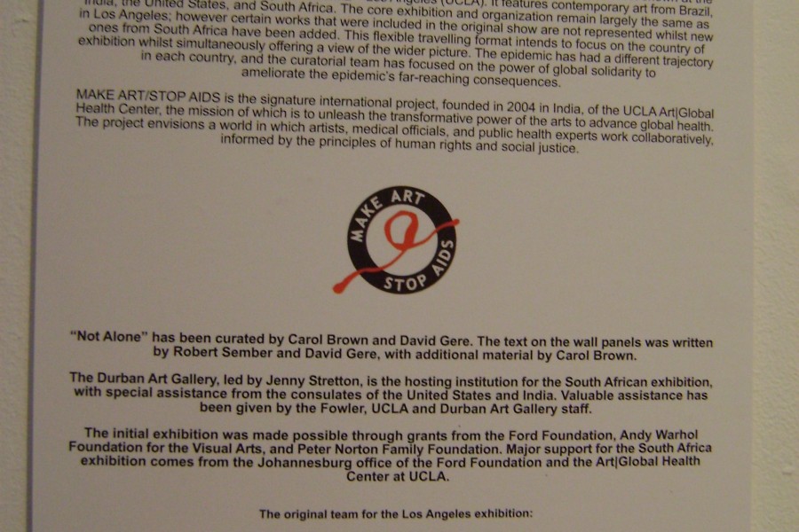 Introductory wall text for *Not Alone—An International Project of MAKE ART/STOP AIDS*