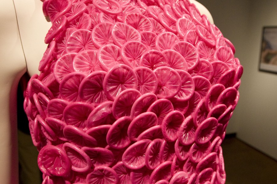 Close-up of Adriana Bertini’s hot-pink condom garment *Eva*