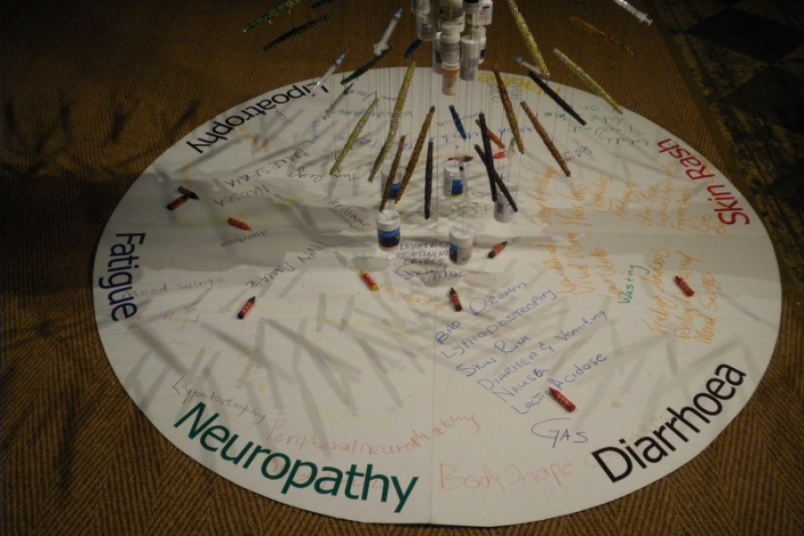 Medication side effects written across the circular base of *Medicine Man*
