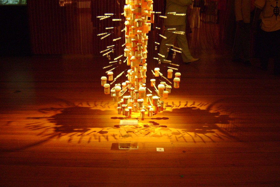 Shadow cast by Daniel Goldstein and John Kapellas’s *Medicine Man* across the gallery floor