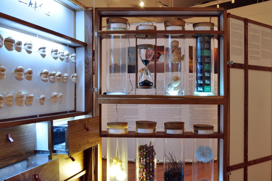 Section of The A.R.T. Cabinet with test tubes, mouth sculptures, and drawers