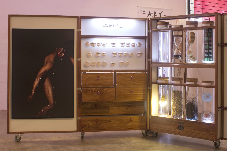 Section of The A.R.T. Cabinet with a self-portrait, test tubes, and mouth sculptures