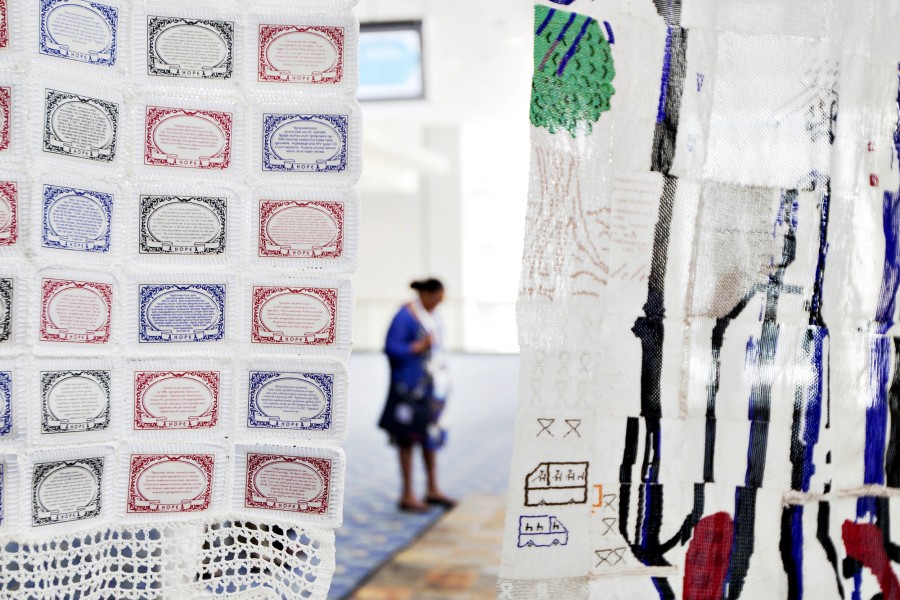 Woza Moya Crafters’ three-part Beaded Curtains installation