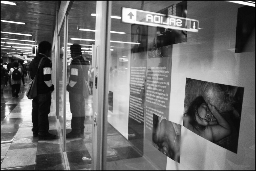 A person viewing photographs and stories by Through Positive Eyes artivists